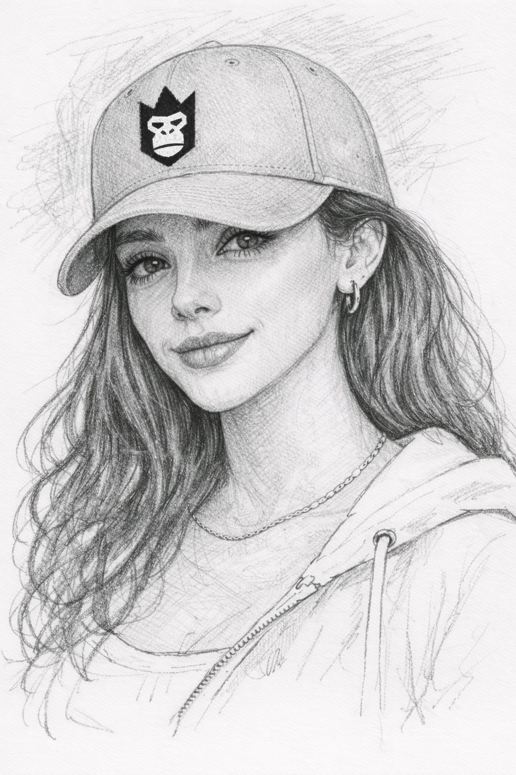 Pencil sketch of a woman in a cap bearing the QueenQong crest