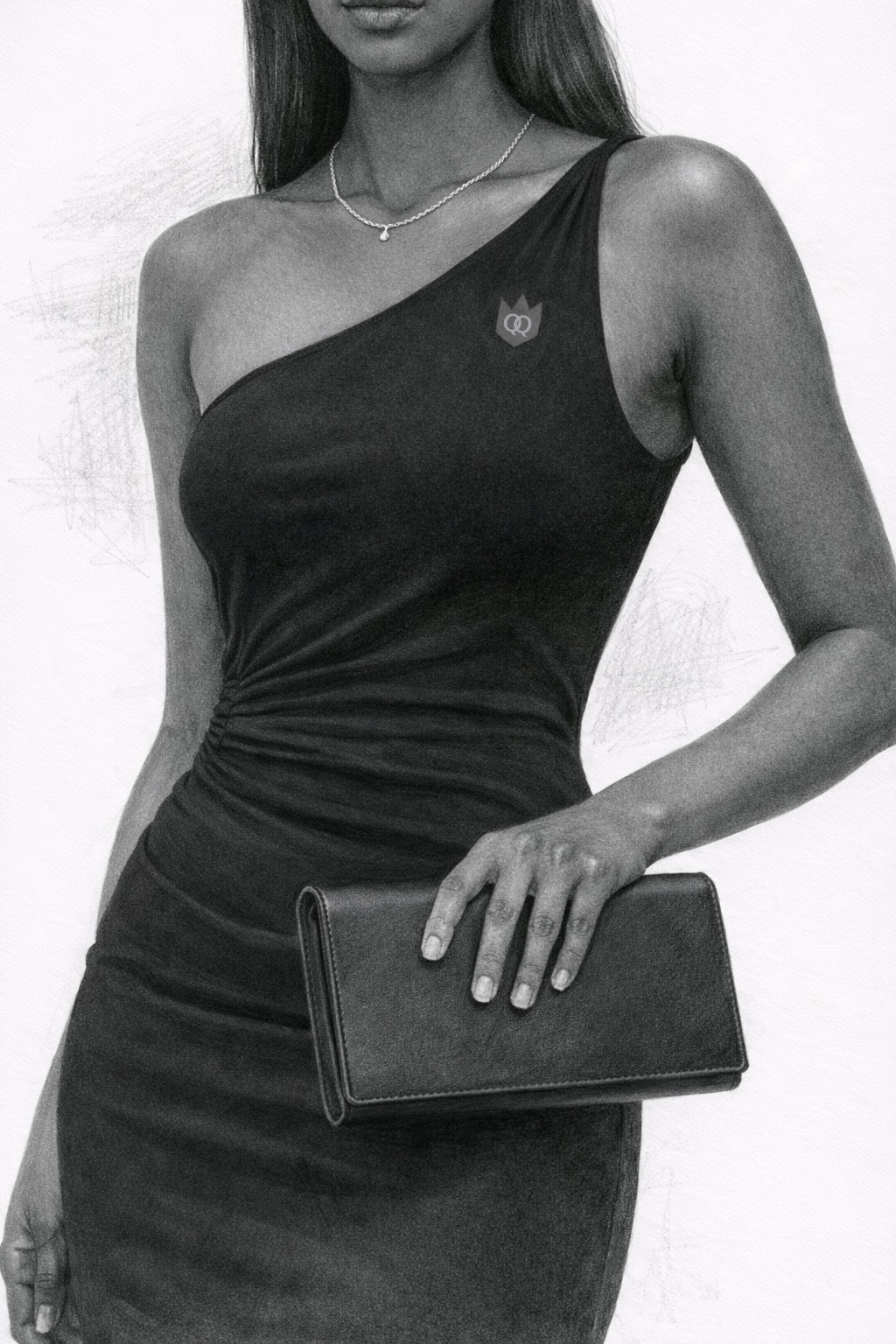 Pencil sketch of a woman in a black one-shoulder dress with subtle QueenQong crest
