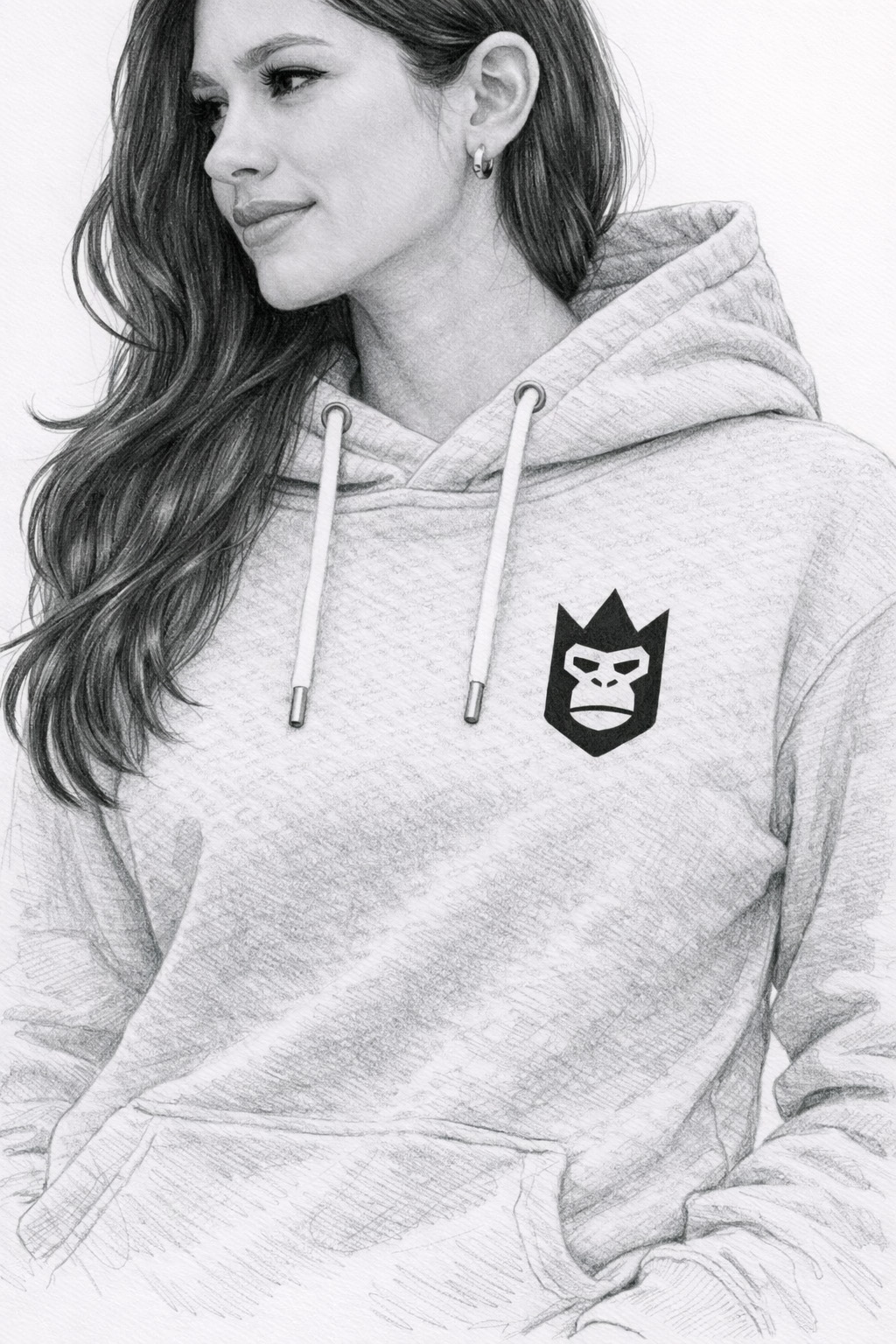 Pencil sketch of a woman in a grey hoodie with the QueenQong crest at the chest
