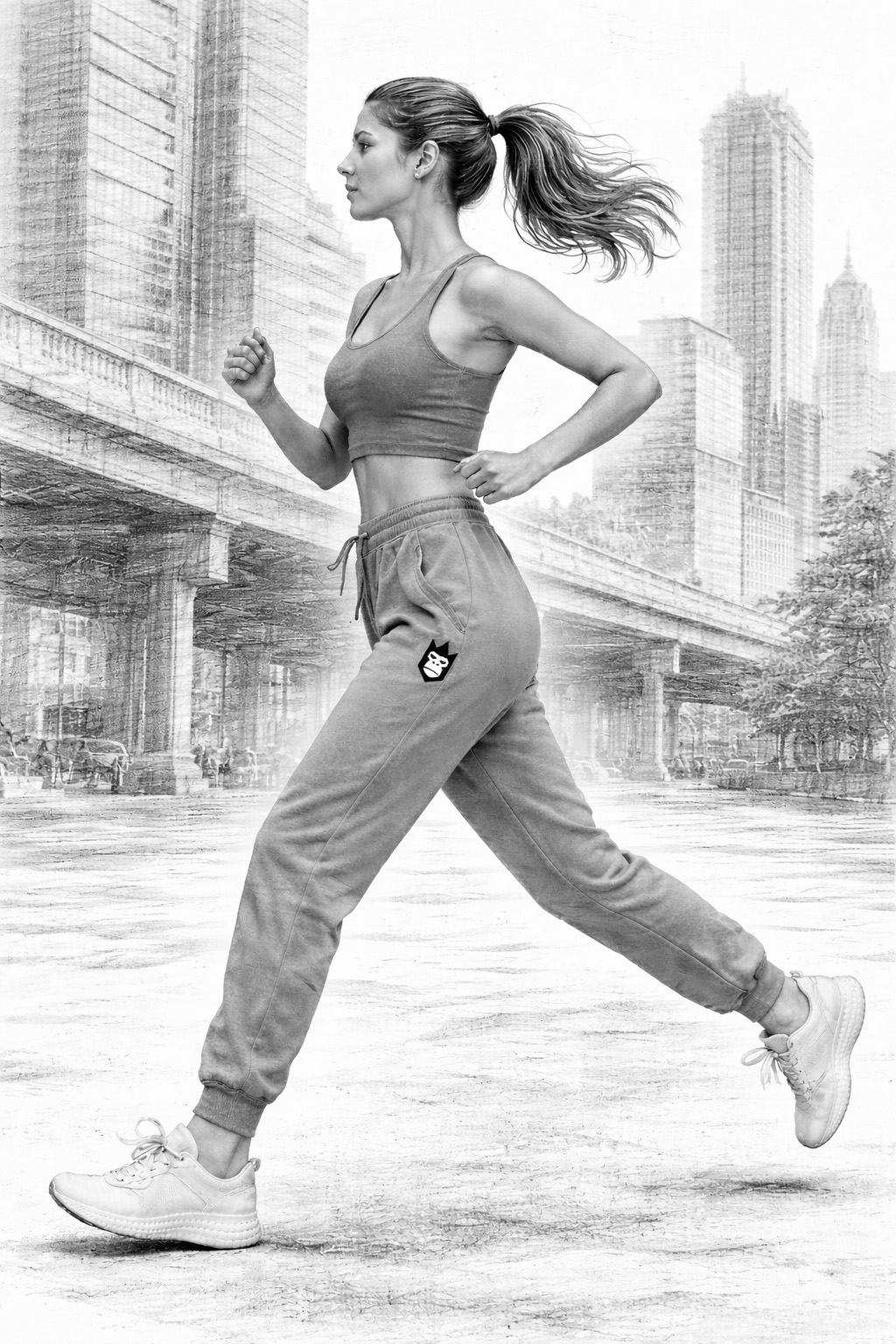 Pencil sketch of a woman running in joggers branded with the QueenQong crest