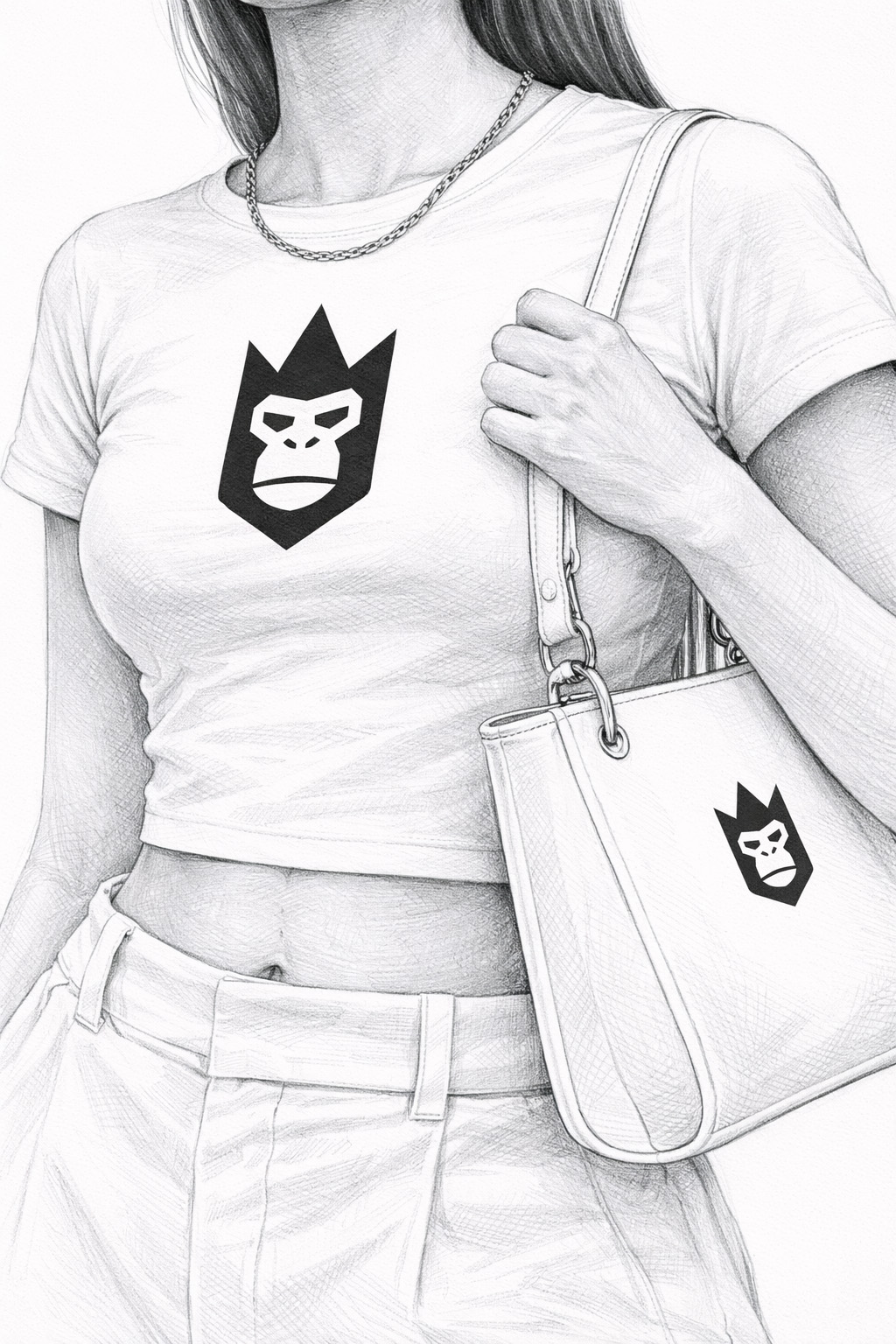 Pencil sketch of a woman wearing a white tee with the QueenQong gorilla-crown crest